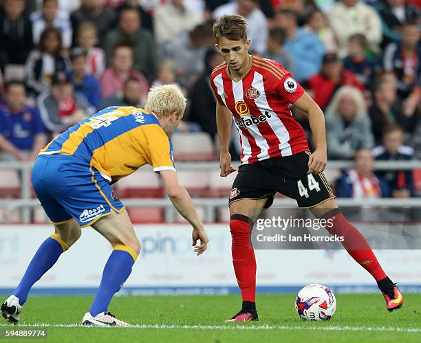 Adnan Januzaj of Sunderland attacks the Shrews defence during the EFL Cup second round match between Sunderland AFC and Shrewsbury Town FC at Stadium...