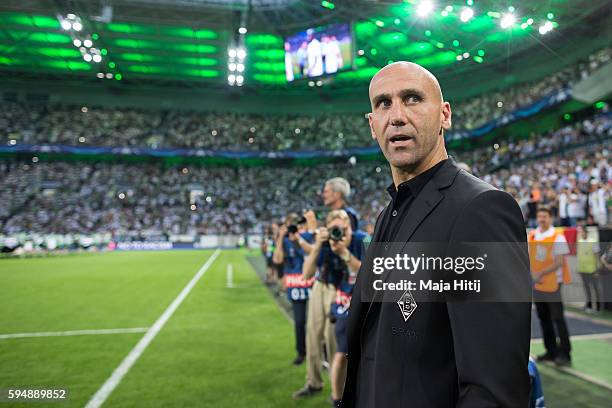 Coach Andre Schubert of Moenchengladbach prior to the UEFA Champions League Qualifying Play-Offs Round: Second Leg between Borussia Moenchengladbach...