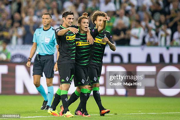 Lars Stindl , Thorgan Hazard and Fabian Johnson celebrate after scoring to make it 1:0 during the UEFA Champions League Qualifying Play-Offs Round:...
