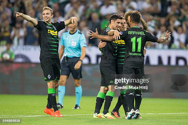 Christoph Kramer , Lars Stind, Thorgan Hazard, Fabian Johnson and Raffael of Moenchengladbach celebrate after scoring to make it 1:0 during the UEFA...