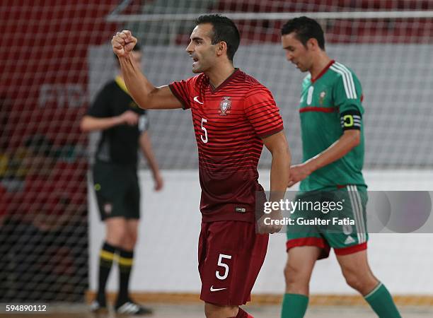 Portugal's Fabio Cecilio celebrates after scoring a goal during the Futsal International Friendly match between Portugal and Morocco at Pavilhao...