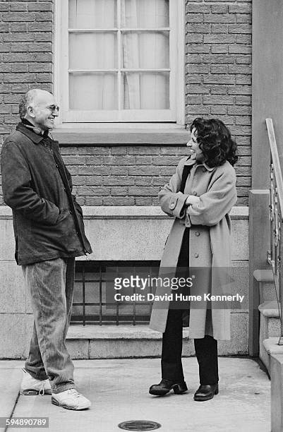 Seinfeld" co-creator Larry David and actress Julia Louis-Dreyfus who plays "Elaine" talk on the set in between filming the last episode of the hit...