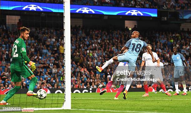 Fabian Delph of Manchester City scores the opening goal during the UEFA Champions League Play-off Second Leg match between Manchester City and Steaua...