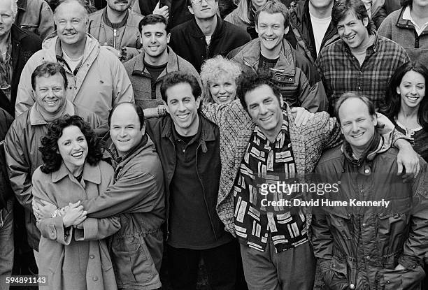 The cast and crew of the hit television show "Seinfeld" pose on set during the last days of filming the final episode, April 3, 1998 in Studio City,...