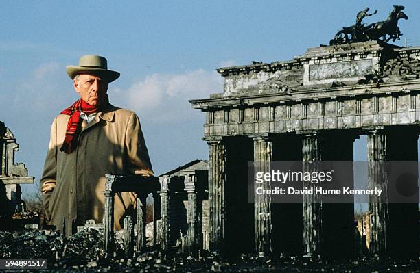 Author Herman Wouk , who wrote the acclaimed novels "Winds of War" and its sequel "War and Remembrance," looks at a scaled model of the Brandenburg...