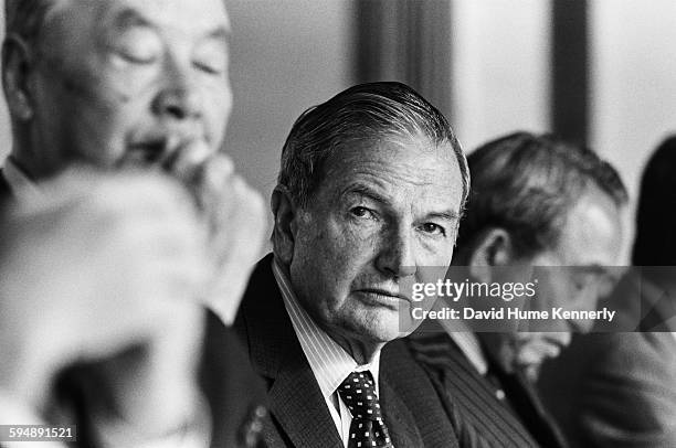 Chairman of the Chase Manhattan Corporation, David Rockefeller , during a meeting circa 1981 in Tokyo, Japan. .