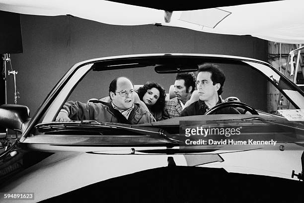 Actors Jason Alexander, Julia Louis-Dreyfus, Michael Richards, and Jerry Seinfeld on set in the final days of shooting the hit tv show "Seinfeld",...