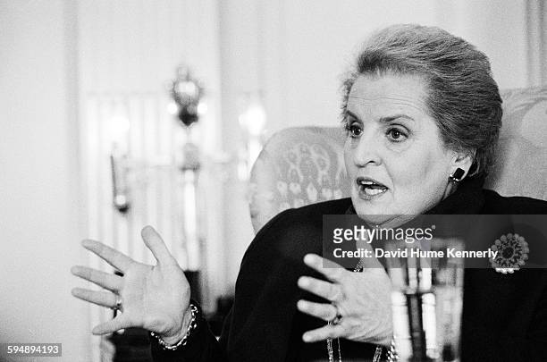 Secretary of State Madeleine Albright being interviewed by John F. Kennedy Jr. For George Magazine. The interview was published in the magazine's...