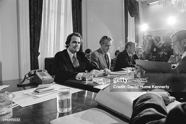 Members of the US Senate Watergate Committee meet in Capitol Hill, circa 1973 in Washington, DC. In attendance, among others, are minority counsel...