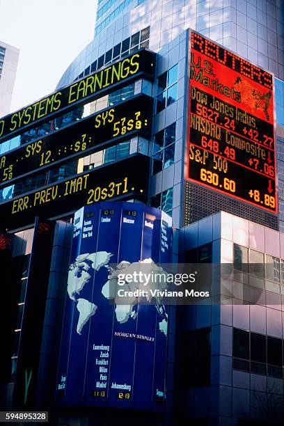 Tickers and stcok listing displays on the Morgan Stanley Building near Times Square.