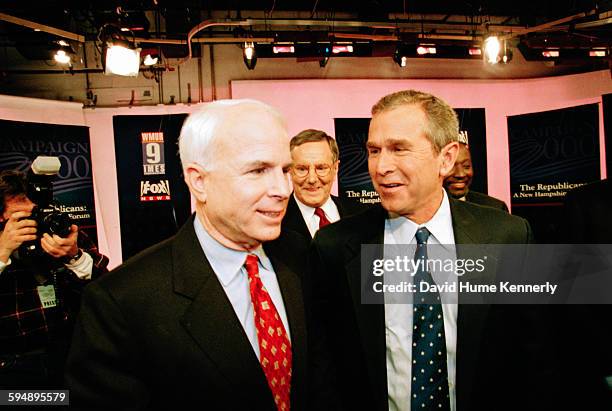 Republican presidential hopefuls  Senator John McCain, Steve Forbes, Texas Gov. George W. Bush, and Alan Keyes  after the televised "The...