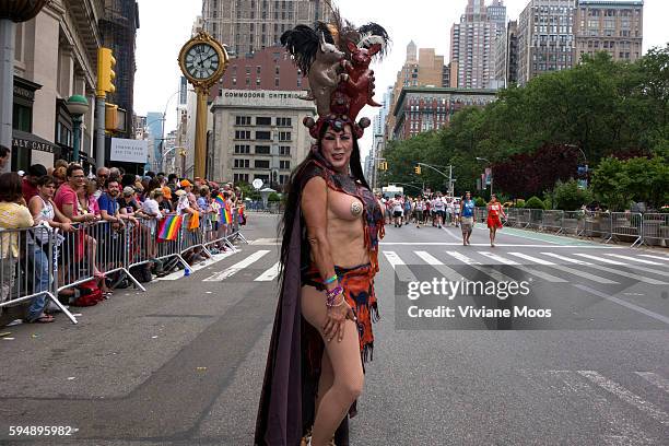 New York City 44th Gay Pride Parade on June 30, 2013 in New York City. Transgender, bare-breasted mystery marcher. This year's parade was an...