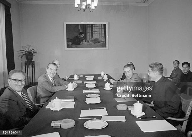 Peking, China: President Nixon and Premier Chou En-Lai and their aides begin the third day of formal talks- this time in the official Guest House...