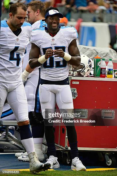 Harry Douglas of the Tennessee Titans watches from the sideline during a game against the Carolina Panthers at Nissan Stadium on August 20, 2016 in...