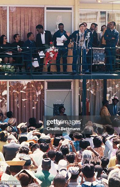 Crowd fills the parking lot at the Lorraine Motel for ceremonies memorializing the spot where civil rights leader Dr. Martin Luther King was slain ....