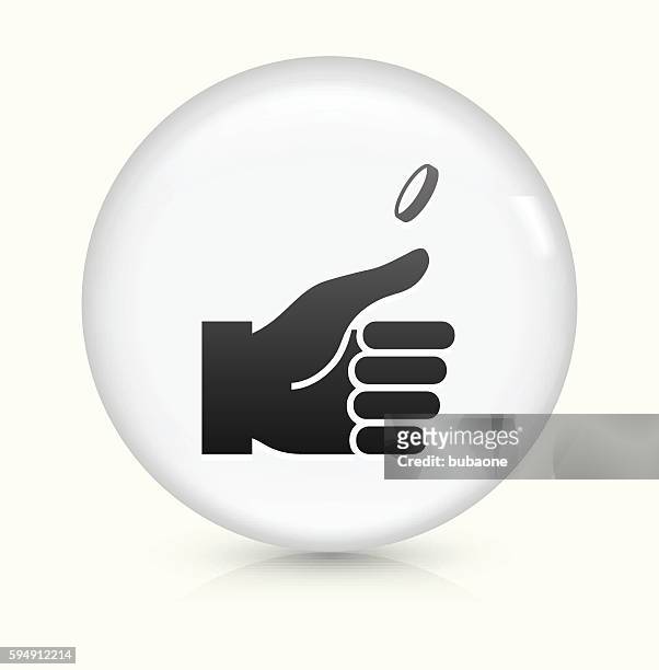 hand and coin icon on white round vector button - flipping a coin stock illustrations