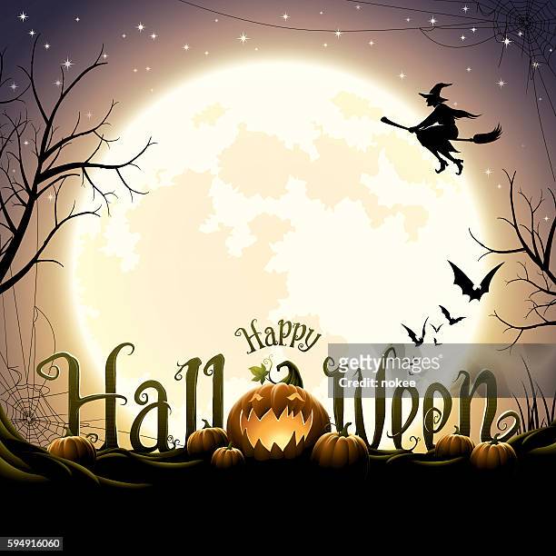 happy halloween text with pumpkins - halloween moon stock illustrations