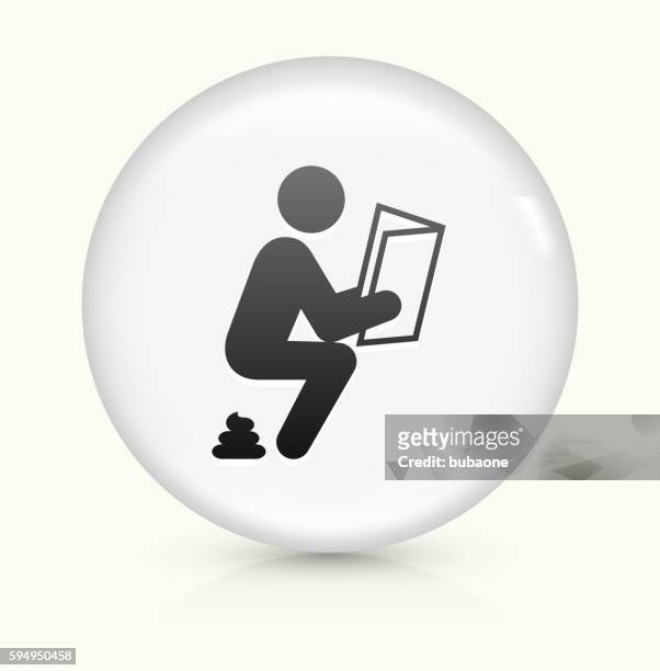 taking a dump icon on white round vector button - man reading on water closet stock illustrations