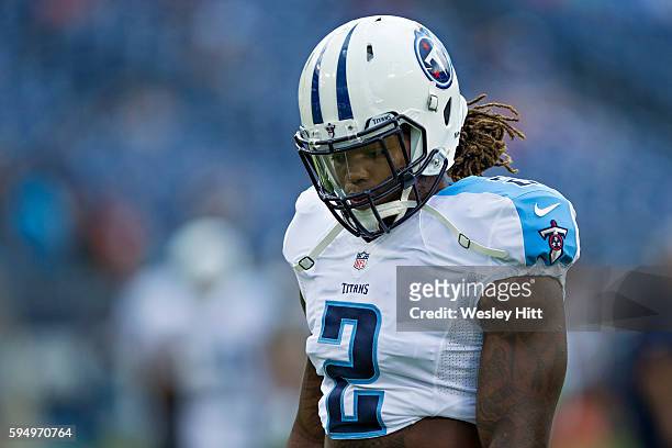 Derrick Henry of the Tennessee Titans warming up before a preseason game against the Carolina Panthers at Nissan Stadium on August 20, 2016 in...