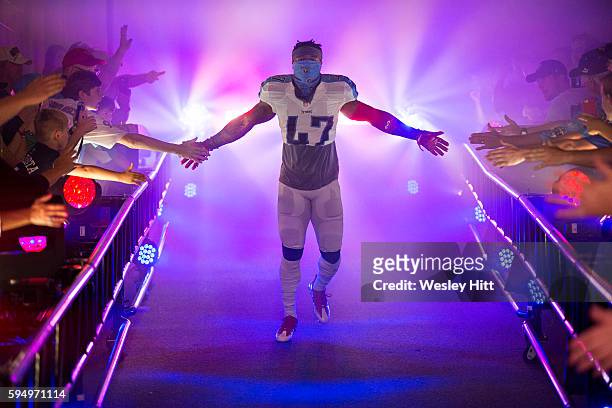 Antwon Blake of the Tennessee Titans comes down the tunnel before a preseason game against the Carolina Panthers at Nissan Stadium on August 20, 2016...