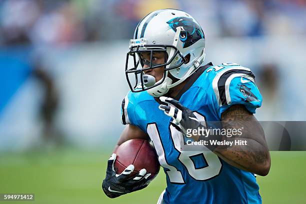 Damiere Byrd of the Carolina Panthers runs the ball during a preseason game against the Tennessee Titans at Nissan Stadium on August 20, 2016 in...