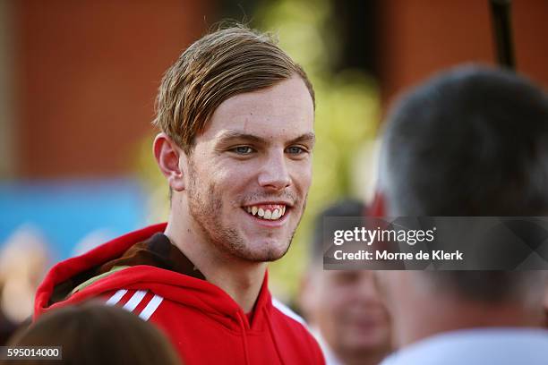 Australian Olympic Games gold medallist Kyle Chalmers speaks to students at Immanuel College on August 25, 2016 in Adelaide, Australia.