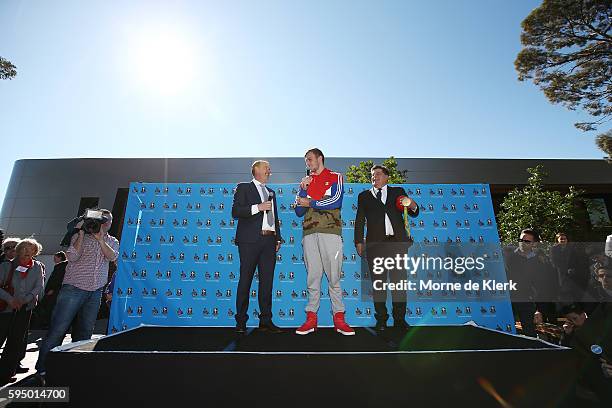 Australian Olympic Games gold medallist Kyle Chalmers speaks to students at Immanuel College on August 25, 2016 in Adelaide, Australia.