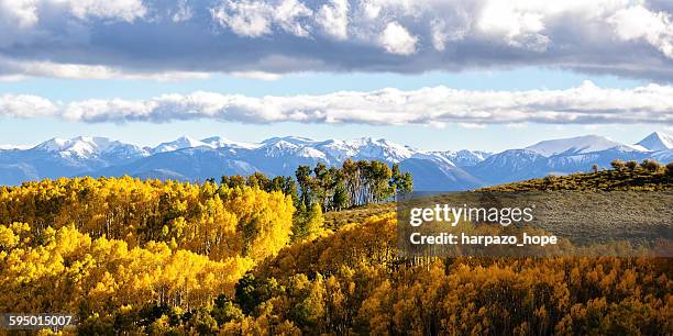 snow capped mountains and autumn leaves - fish lake national forest stock pictures, royalty-free photos & images