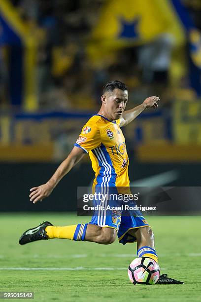 Israel Jimenez of Tigres kicks the ball during the match between Tigres UANL and Plaza Amador as part of the CONCACAF Champions League 2016/17 at...