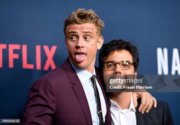 Actors Wagner Moura and Boyd Holbrook attend the Premiere of Netflix's "Narcos" Season 2 at ArcLight Cinemas on August 24, 2016 in Hollywood,...