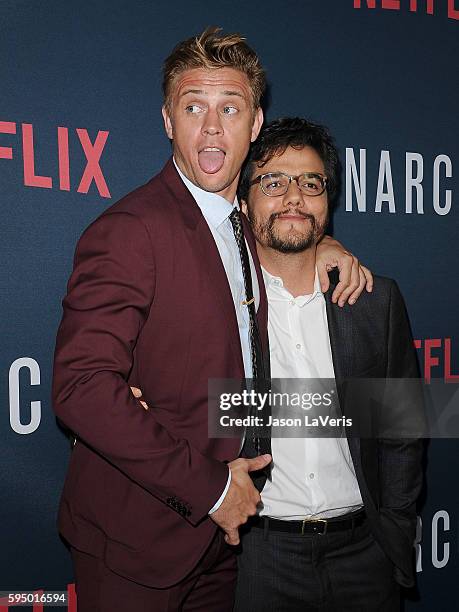 Actors Boyd Holbrook and Wagner Moura attend the season 2 premiere of "Narcos" at ArcLight Cinemas on August 24, 2016 in Hollywood, California.