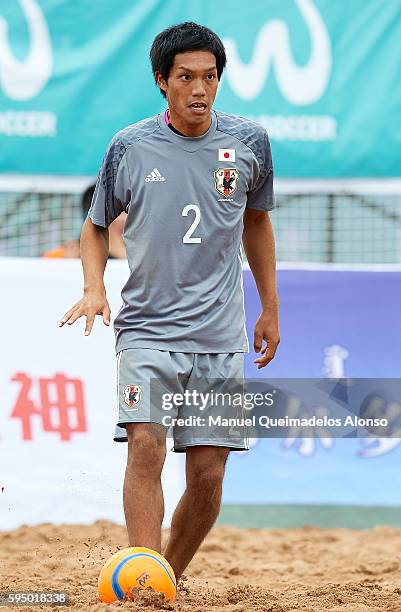 Yusuke Kawai of Japan in action during the Continental Beach Soccer Tournament match between Japan and Iran at Municipal Sports Center on August 24,...