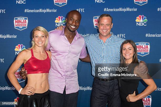 Competitor Jessie Graff, hosts Akbar Gbajabiamila and Matt Iseman, and Kacy Catanzaro attend the screening event of NBC's 'American Ninja Warrior' in...