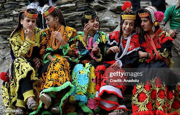 Kalash girls are seen with traditional clothes at Bumburet, largest valley of Kalasha Desh in Chitral District of Khyber Pakhtunkhwa, Pakistan on...