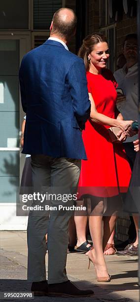 Prince William, Duke of Cambridge and Catherine, Duchess of Cambridge arrive at the YoungMinds mental health charity on August 25, 2016 in London,...