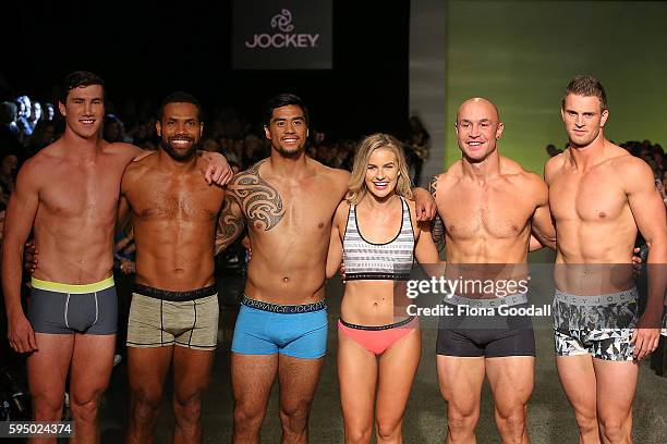 All Black Sevens players Sam Dixon Lote Raikabula, Regan Ware, The Bachelor winner Matilda Rice DJ Forbes and Scott Curry showcase designs by Jockey...