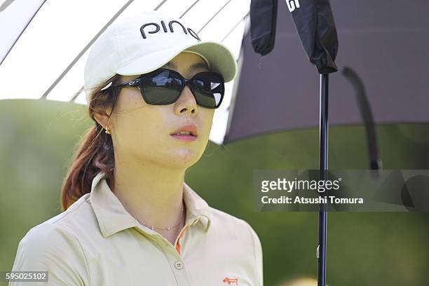 So-Young Kim of South Korea looks on during the first round of the Nitori Ladies 2016 at the Otaru Country Club on August 25, 2016 in Otaru, Japan.