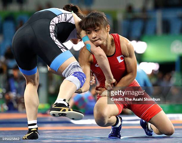 Kaori Icho of Japan and Elif Jale Yesilirmak of Turkey compete in the Women's 58kg quarterfinal on Day 12 of the Rio 2016 Olympic Games at Caioca...