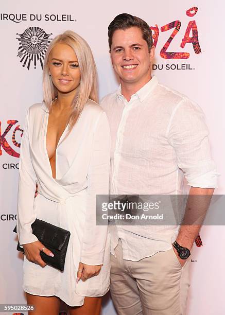 Tahnee Sims and Johnny Ruffo pose during the Cirque du Soleil KOOZA Sydney Premiere at The Entertainment Quarter on August 25, 2016 in Sydney,...