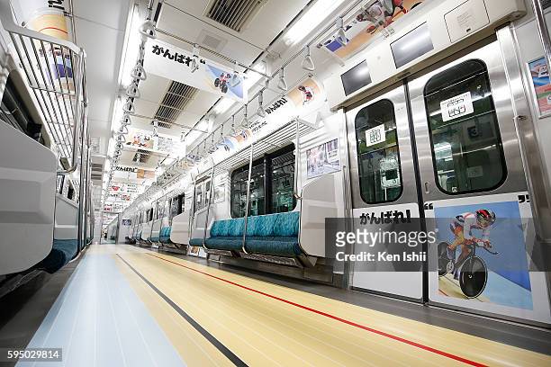 Advertisements for Rio Paralympics 2016 are seen in a Yamanote train on August 25, 2016 in Tokyo, Japan. Ahead of Rio Paralympics 2016, the Japan...