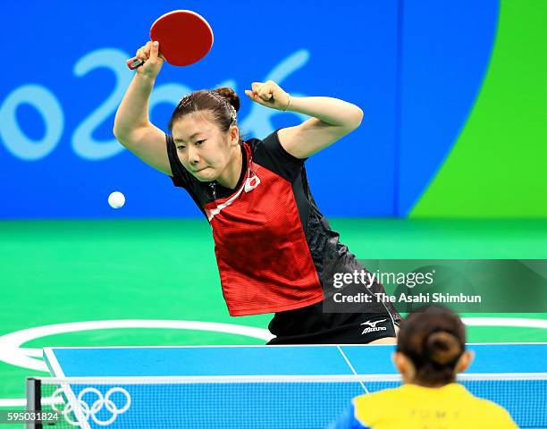 Ai Fukuhara of Japan competes in a match against Mengyu Yu of Singapore during the Women's Team Bronze Medal match on Day 11 of the Rio 2016 Olympic...