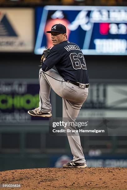 Lucas Harrell of the Atlanta Braves pitches against the Minnesota Twins on July 26, 2016 at Target Field in Minneapolis, Minnesota. The Braves...