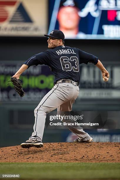 Lucas Harrell of the Atlanta Braves pitches against the Minnesota Twins on July 26, 2016 at Target Field in Minneapolis, Minnesota. The Braves...