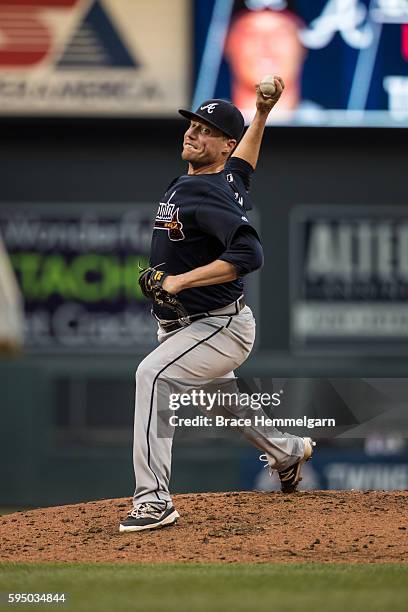 Lucas Harrell of the Atlanta Braves pitches against the Minnesota Twins on July 26, 2016 at Target Field in Minneapolis, Minnesota. The Braves...