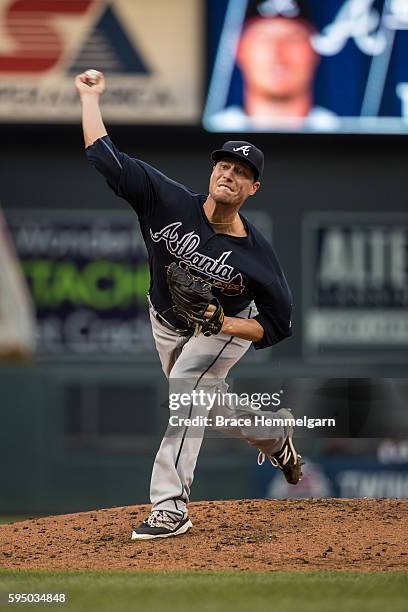 Lucas Harrell of the Atlanta Braves pitches against the Minnesota Twins on July 26, 2016 at Target Field in Minneapolis, Minnesota. The Braves...