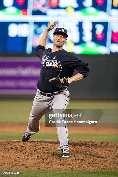 Lucas Harrell of the Atlanta Braves pitches against the Minnesota Twins on July 26, 2016 at Target Field in Minneapolis, Minnesota. The Braves...