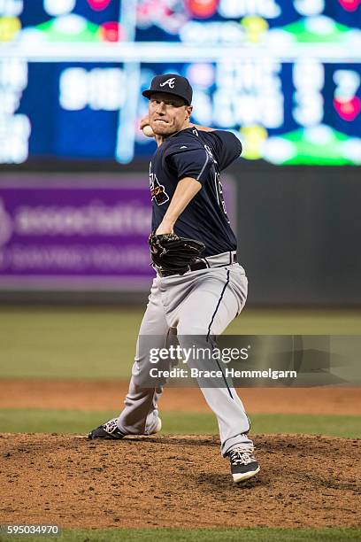 Lucas Harrell of the Atlanta Braves pitches against the Minnesota Twins on July 26, 2016 at Target Field in Minneapolis, Minnesota. The Braves...