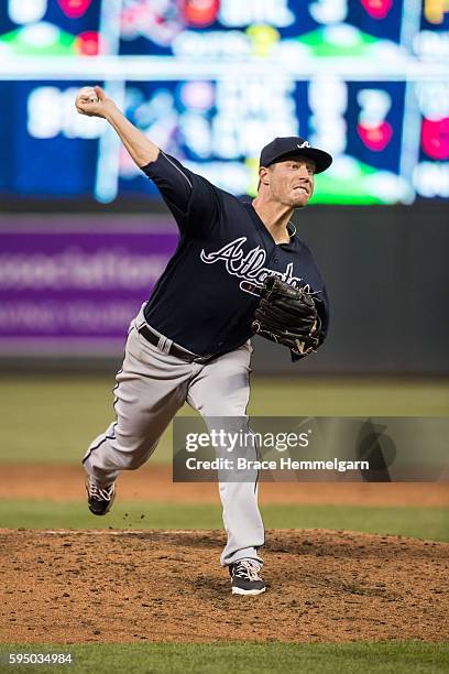 Lucas Harrell of the Atlanta Braves pitches against the Minnesota Twins on July 26, 2016 at Target Field in Minneapolis, Minnesota. The Braves...