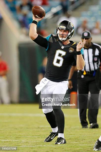 Max Wittek of the Jacksonville Jaguars throws the ball against the Tampa Bay Buccaneers during a preseason game on August 20, 2016 at EverBank Field...