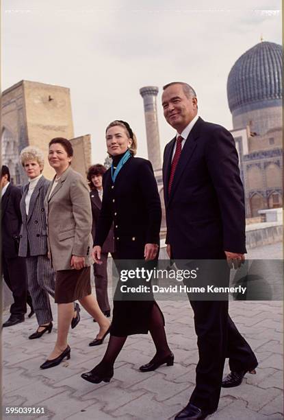 First Lady Hillary Clinton visiting the town of Samarkand, accompanied by Uzbek President Islam Karimov and his wife, Tatiana Karimova , November 14,...